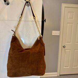 Brown Suede Shoulder Hobo Bag with Gold Leather Chain
